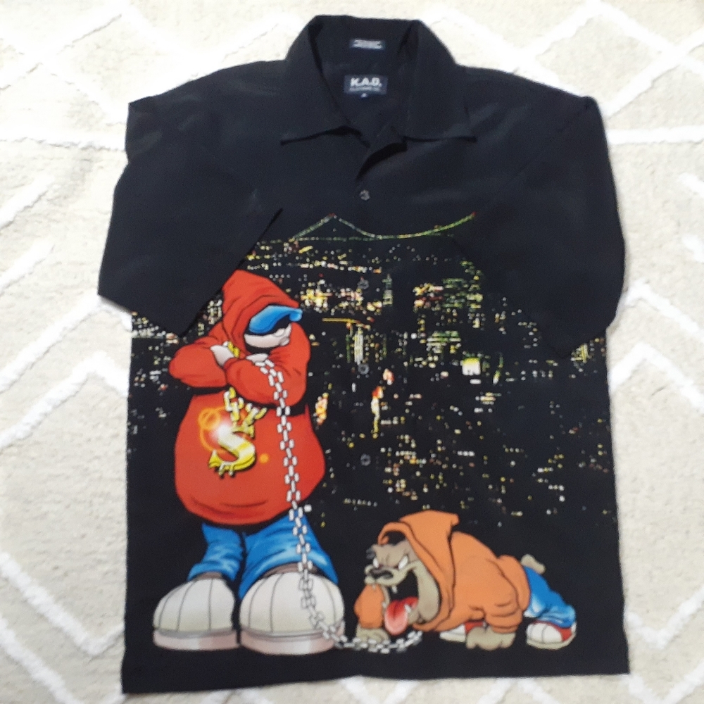 Vintage 90's K.A.D. Button Up Collared Hip Hop Bulldog Styled Men's Medium Shirt